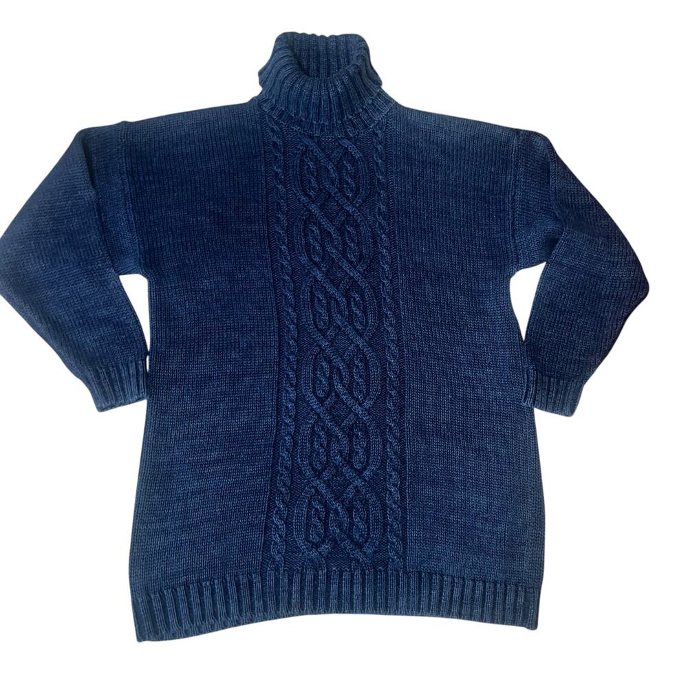 Vintage Navy Blue Chunky Cable Knit Fisherman Turtleneck Sweater women sz small
